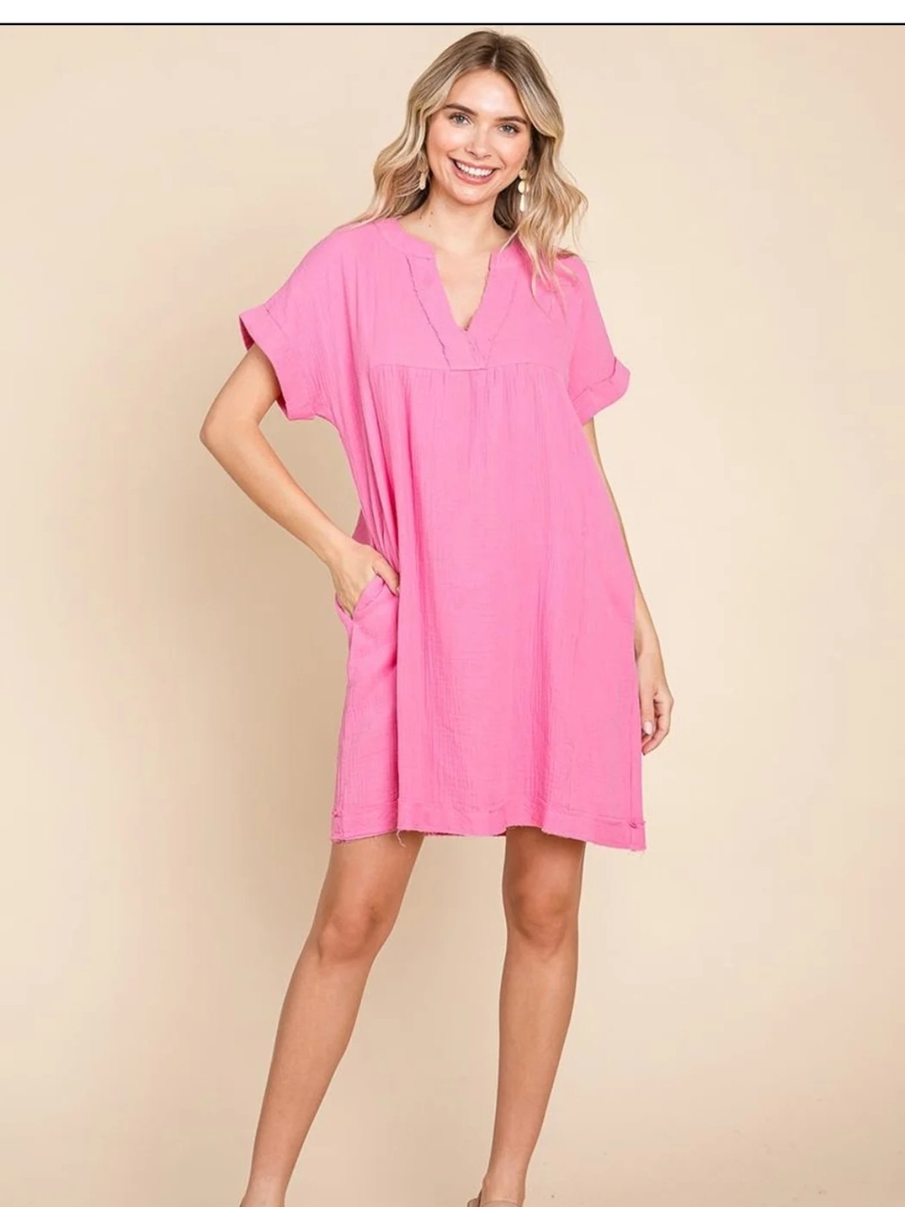 Entro Women's Pink V-Neck Swim Cover-Up Dress